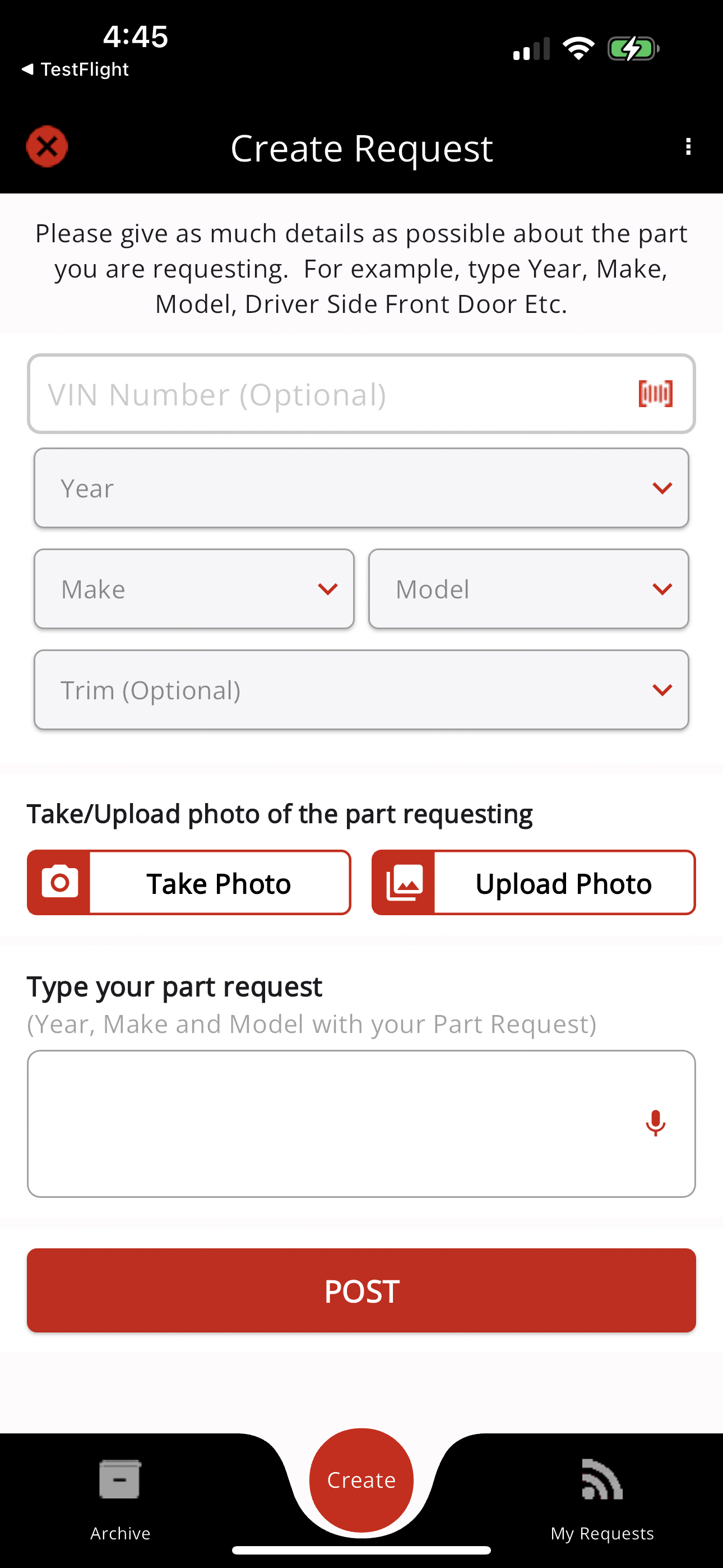 LiveYards create request screen