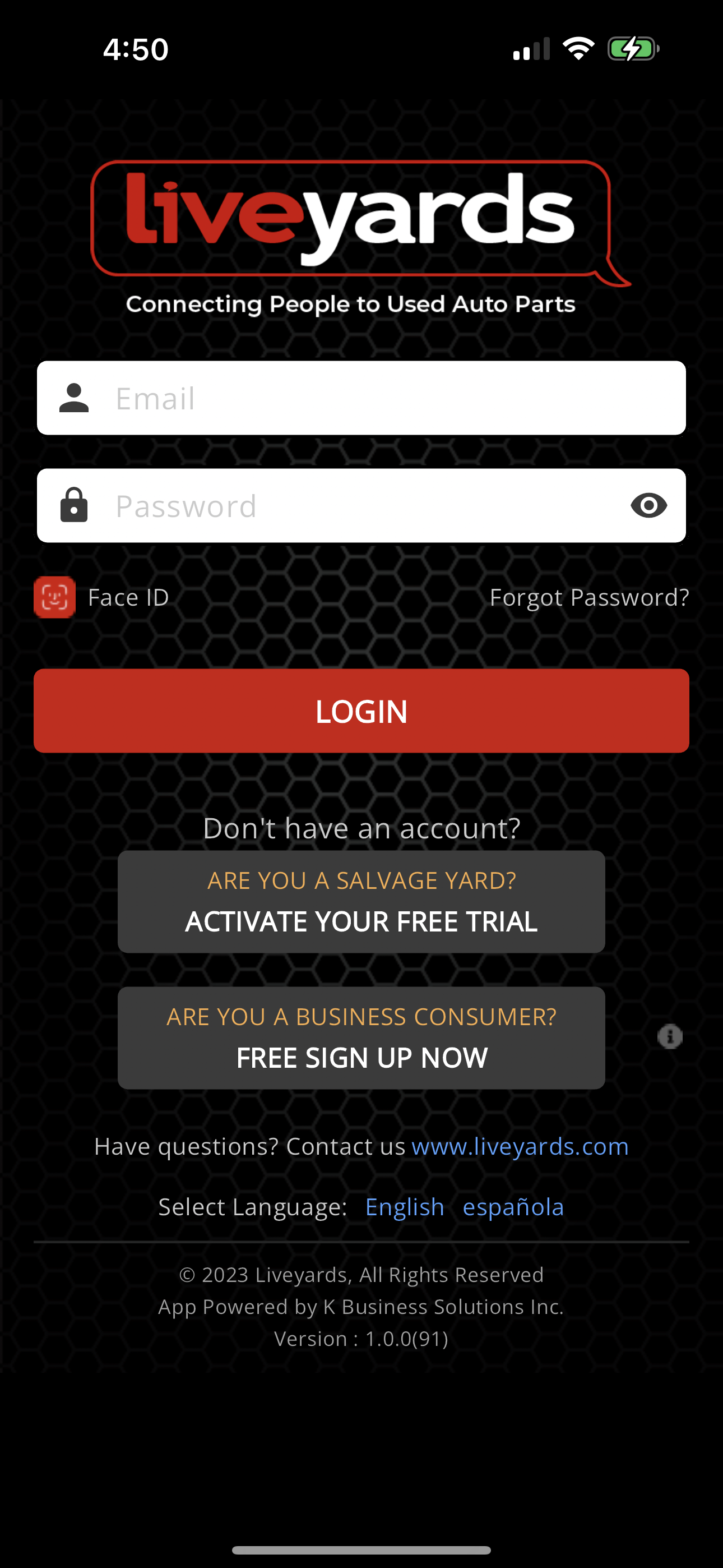 LiveYards app landing screen