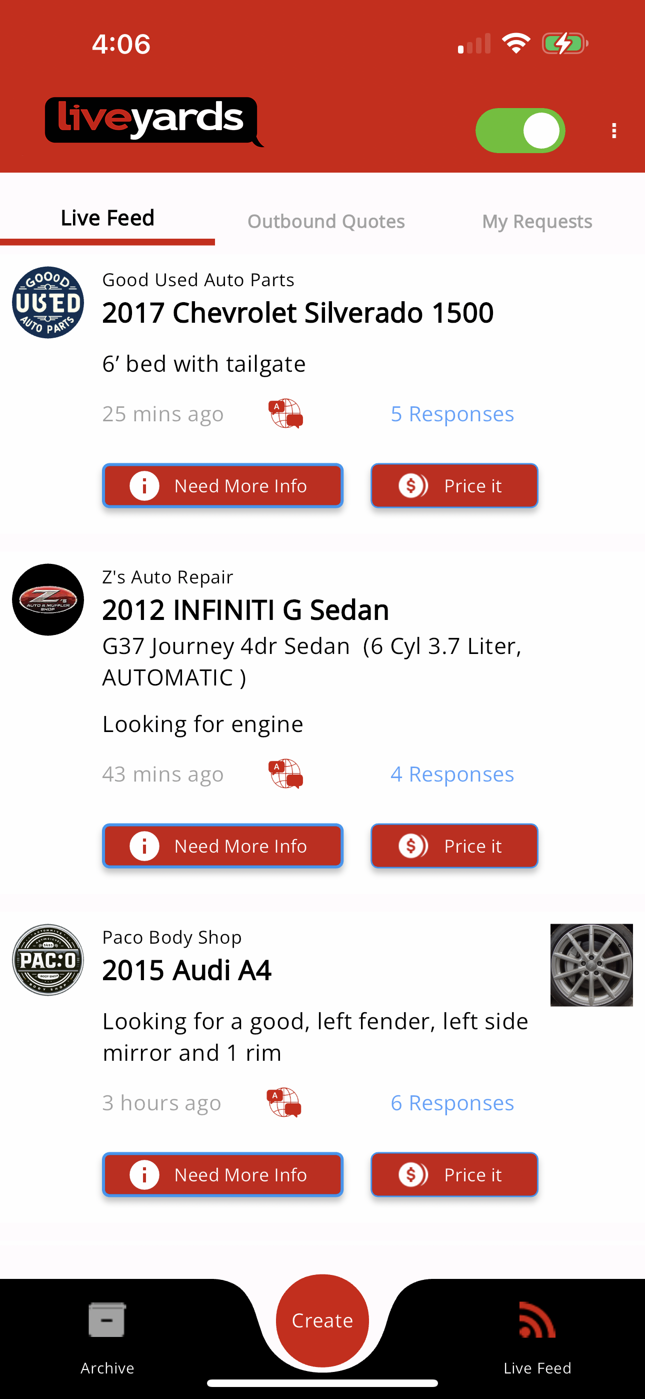 LiveYards live feed screen